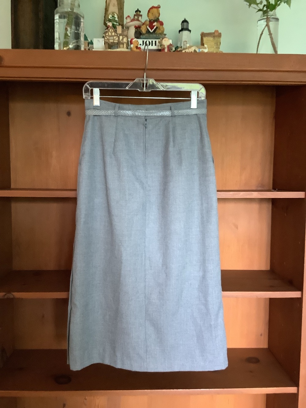 Vtg 80s 90s Grey Midi Pencil Skirt Side Button Slit Belted Pockets Size 11 - Picture 7 of 15